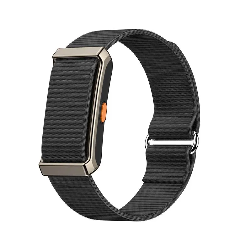 MYRYDER M11 screen-free fitness band, dark gunmetal alloy-framed case with an orange side button and a black woven nylon strap — three-quarter hero view with the band looped