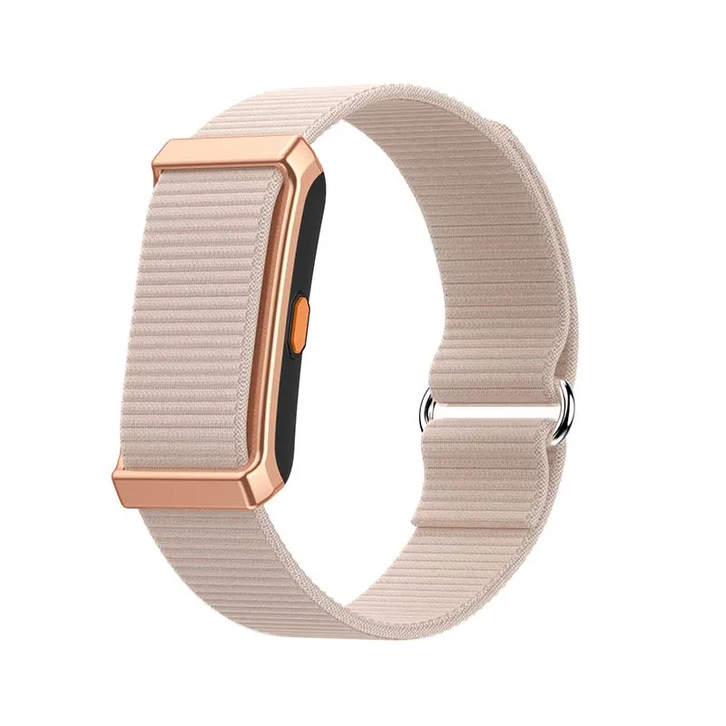 MYRYDER M11 screen-free fitness band, rose-gold alloy-framed case with an orange side button and a pink woven nylon strap — three-quarter hero view with the band looped
