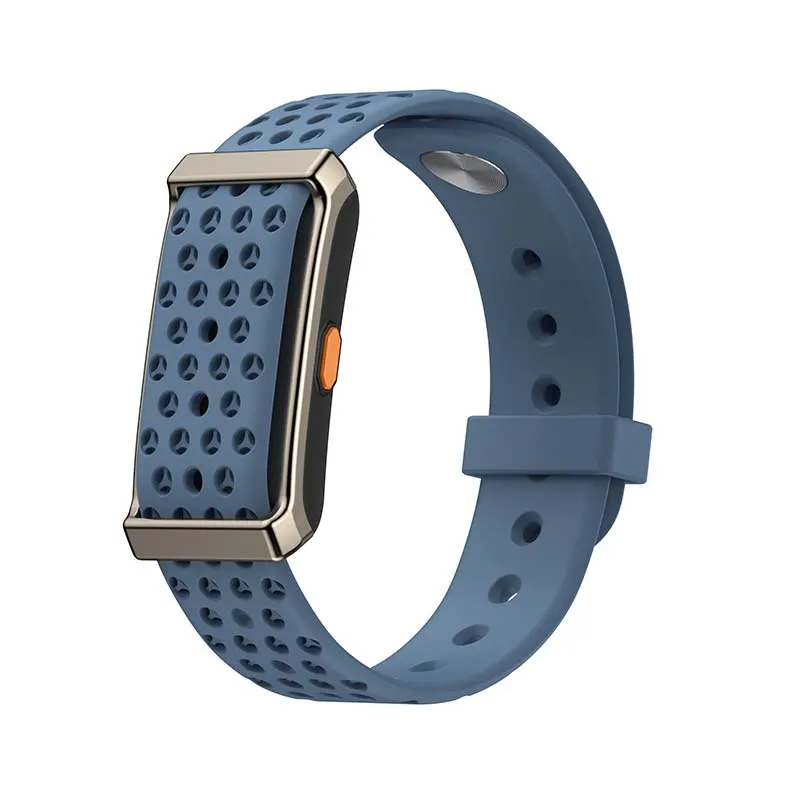 MYRYDER M12 screen-free fitness band, dark gunmetal alloy-framed case with an orange side button and a blue perforated silicone strap — three-quarter hero view with the band looped