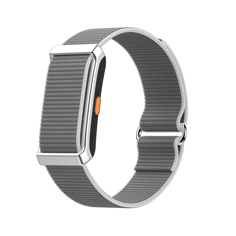 MYRYDER M12 screen-free fitness band, silver alloy-framed case with an orange side button and a grey woven nylon strap — three-quarter hero view with the band looped