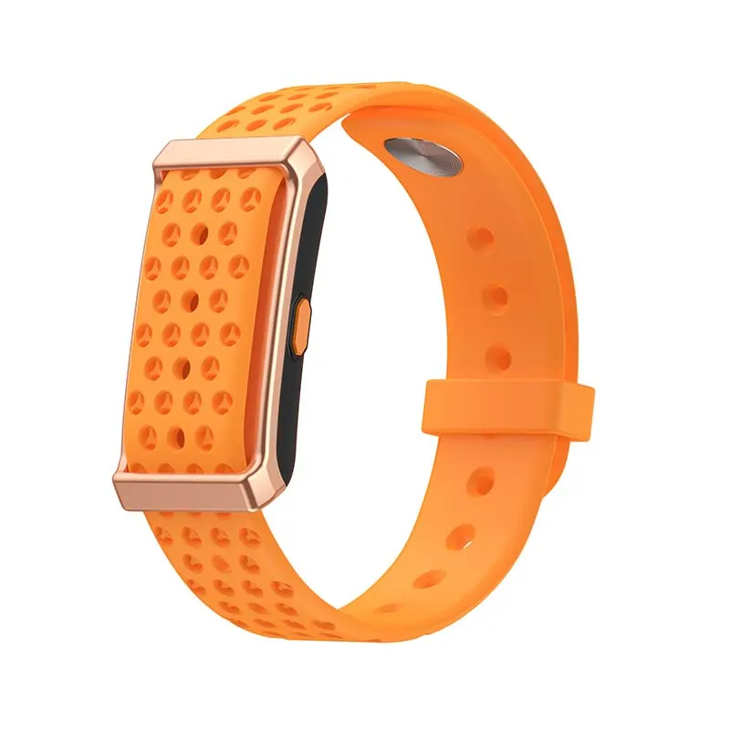 MYRYDER M12 screen-free fitness band, rose-gold alloy-framed case with an orange side button and an orange perforated silicone strap — three-quarter hero view with the band looped