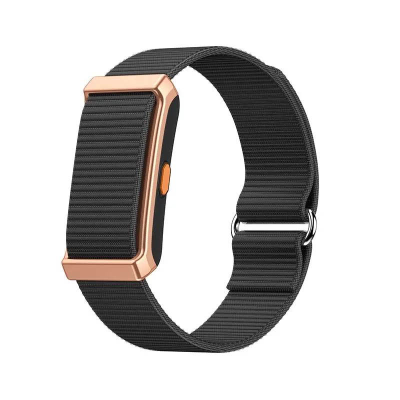 MYRYDER M12 screen-free fitness band, rose-gold alloy-framed case with an orange side button and a black woven nylon strap — three-quarter hero view with the band looped
