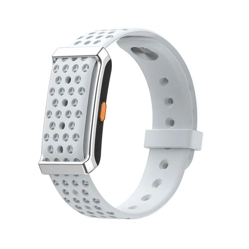 MYRYDER M12 screen-free fitness band, silver alloy-framed case with an orange side button and a white perforated silicone strap — three-quarter hero view with the band looped