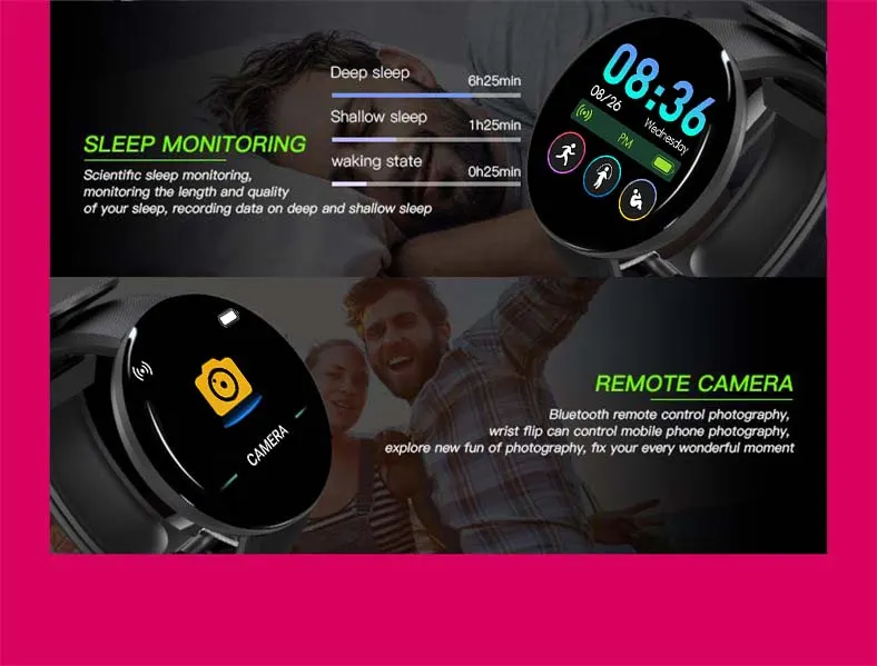MYRYDER D18 infographic for sleep monitoring with deep sleep 6 h 25 min, shallow sleep 1 h 25 min and waking 25 min, plus Bluetooth remote-camera control