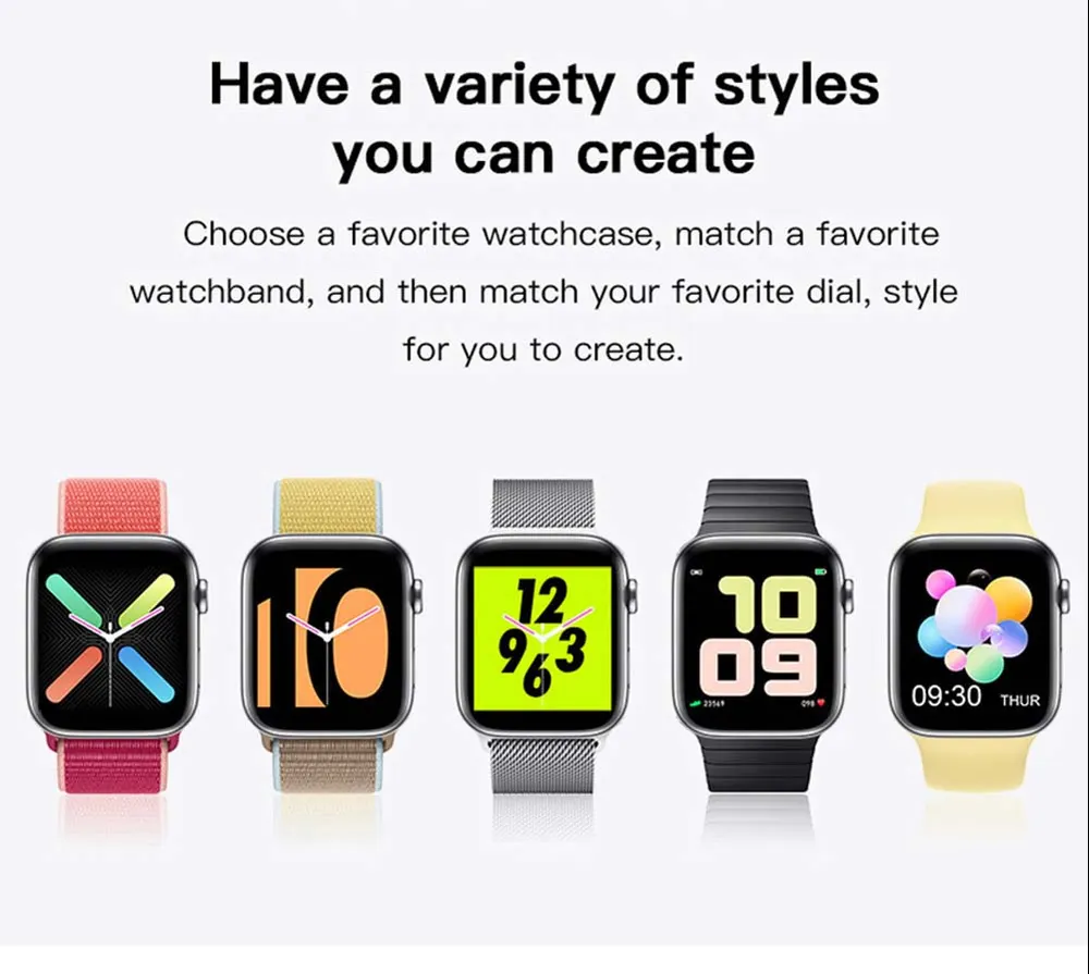 MYRYDER T500 smart watch infographic showing case and band style combinations: woven nylon loop, Milanese mesh and silicone straps across five case finishes