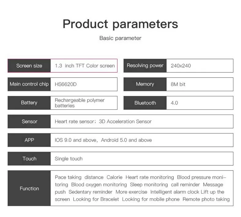 MYRYDER D18 product parameters table: 1.3-inch TFT colour screen, 240×240 resolution, HS6620D chip, 8M bit memory, Bluetooth 4.0, heart-rate and 3D acceleration sensors, iOS 9.0 / Android 5.0 support and single-touch control