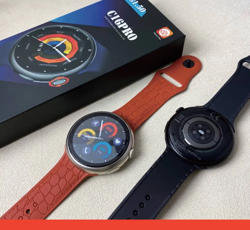 Slim round business smartwatches with leather straps in a presentation box
