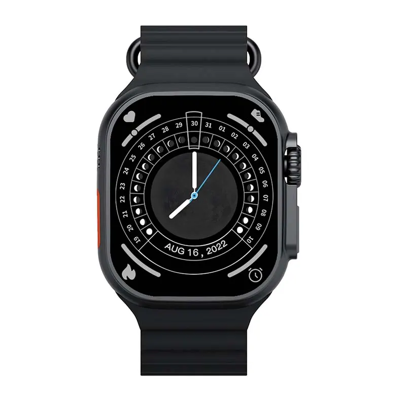 MYRYDER C900Ultra smart watch, black case with a red-ringed rotary crown and a side button, and a black liquid-silicone ocean band — front view with the moon-phase calendar watch face dated 16 August 2022
