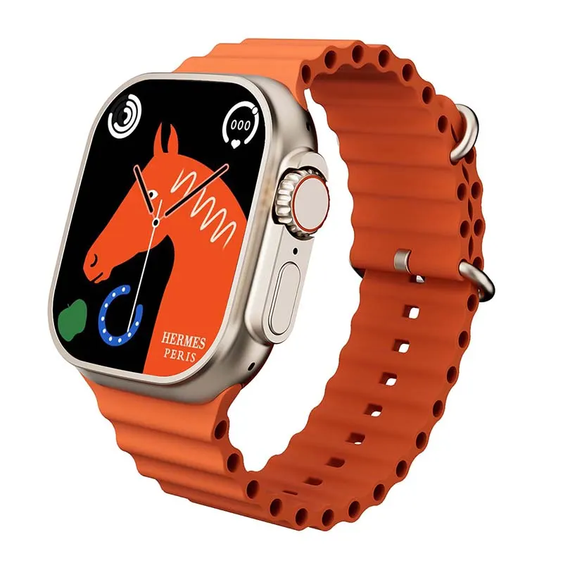 MYRYDER C900Ultra smart watch, natural titanium-look case with an orange-ringed rotary crown and a side button, and an orange liquid-silicone ocean band — three-quarter view with the Hermes horse watch face