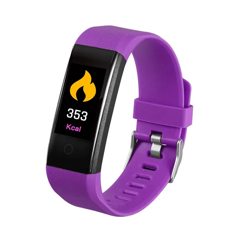 MYRYDER 115P purple smart bracelet 45-degree right side view, fitness activity tracker wearable device