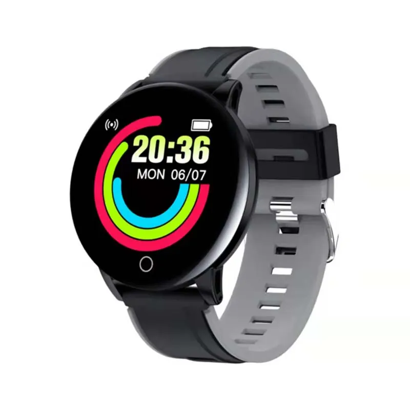 MYRYDER 119P smart watch black dial with black-grey strap 45-degree right side view, round-dial fitness activity tracker wearable device