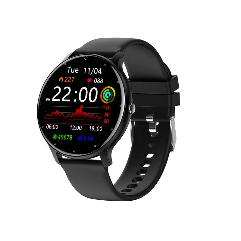 MYRYDER C14Pro smart watch black 45-degree right side view, slim round Bluetooth-calling watch with black silicone strap