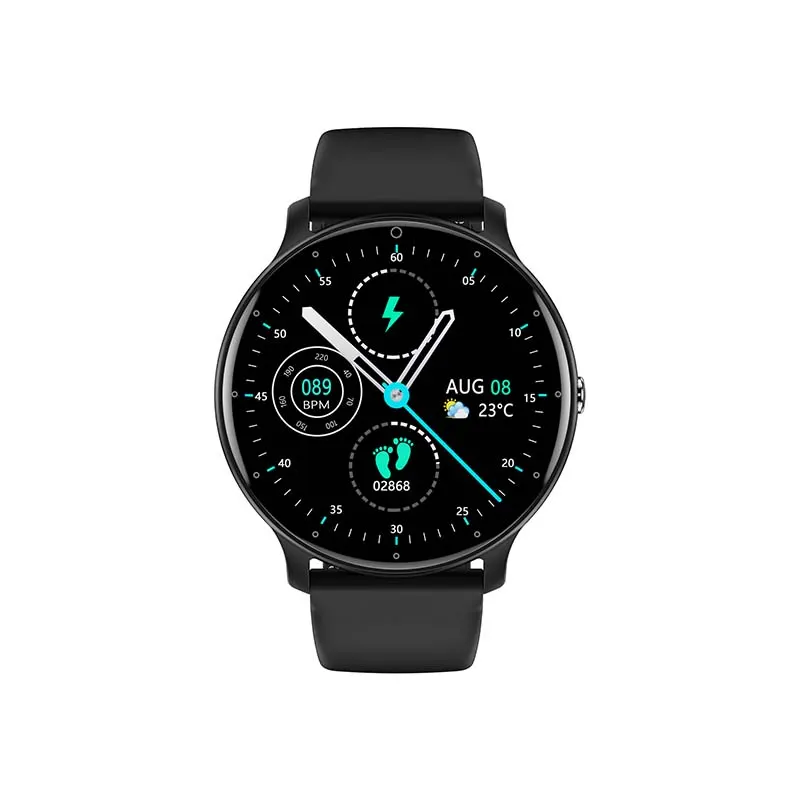 MYRYDER C14Pro smart watch black front view, 1.46-inch HD round display with heart-rate and step data