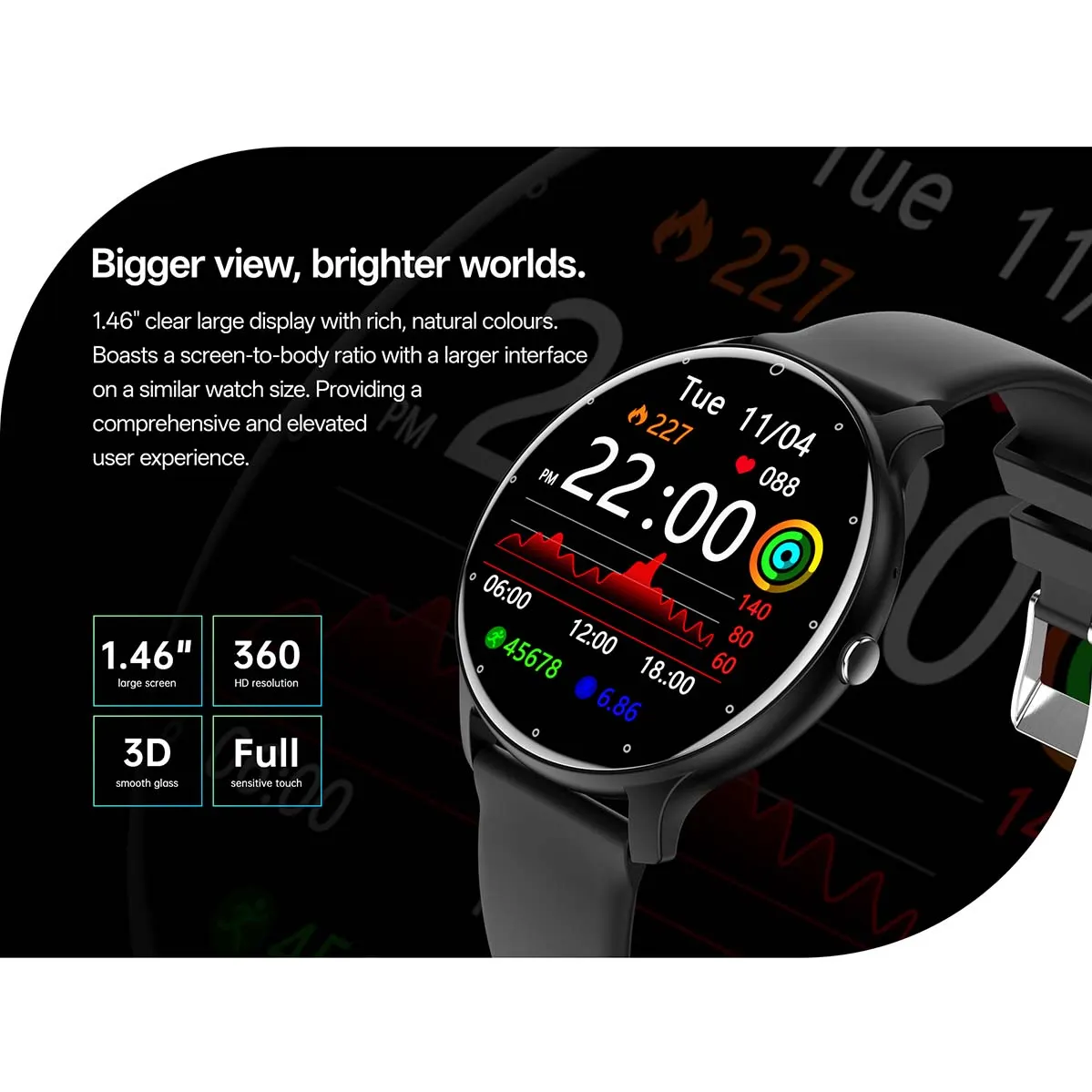 MYRYDER C14Pro infographic for the 1.46-inch HD display: 360 HD resolution, 3D smooth glass and full sensitive touch