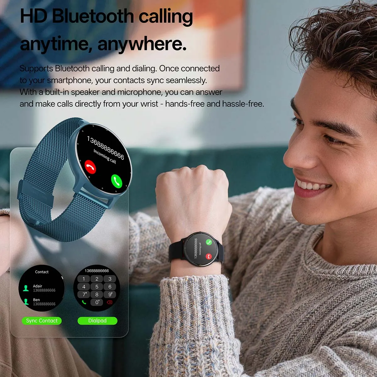 MYRYDER C14Pro infographic for HD Bluetooth calling: contacts sync, dialpad and answering calls directly from the wrist