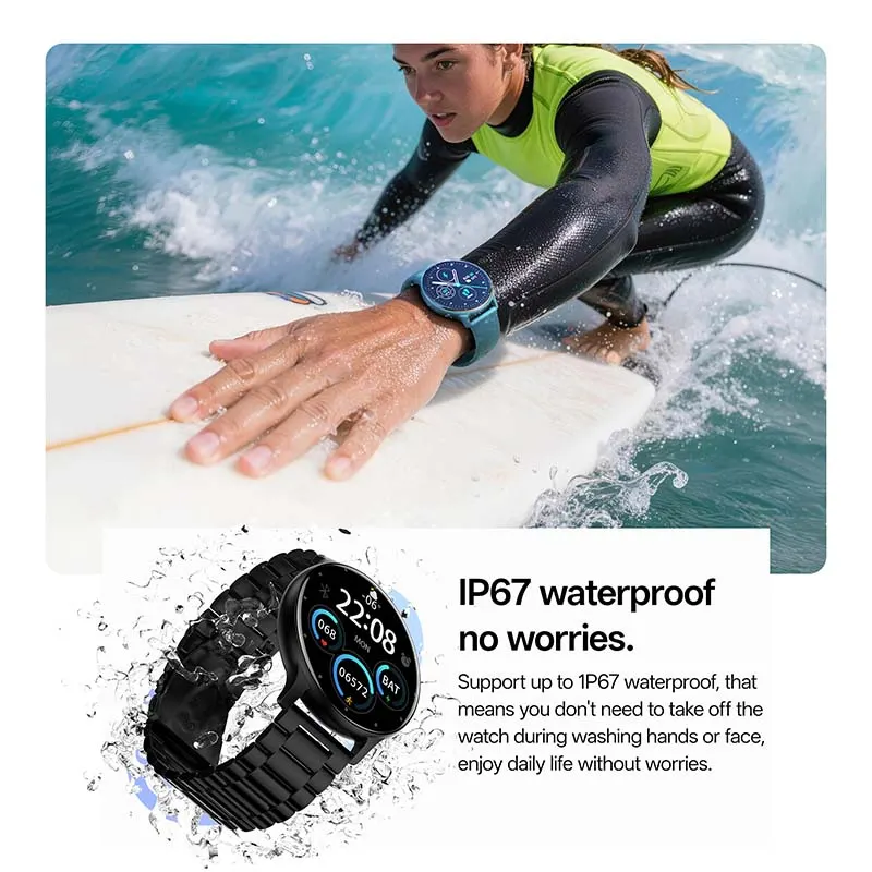 MYRYDER C14Pro infographic for IP67 waterproofing, shown worn while surfing and during daily hand-washing