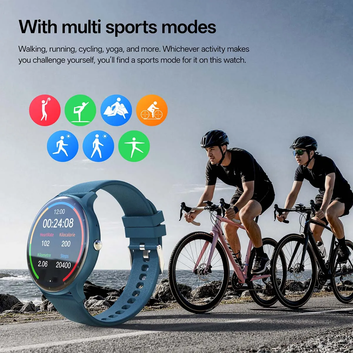 MYRYDER C14Pro infographic for multi sports modes including walking, running, cycling and yoga with exercise data