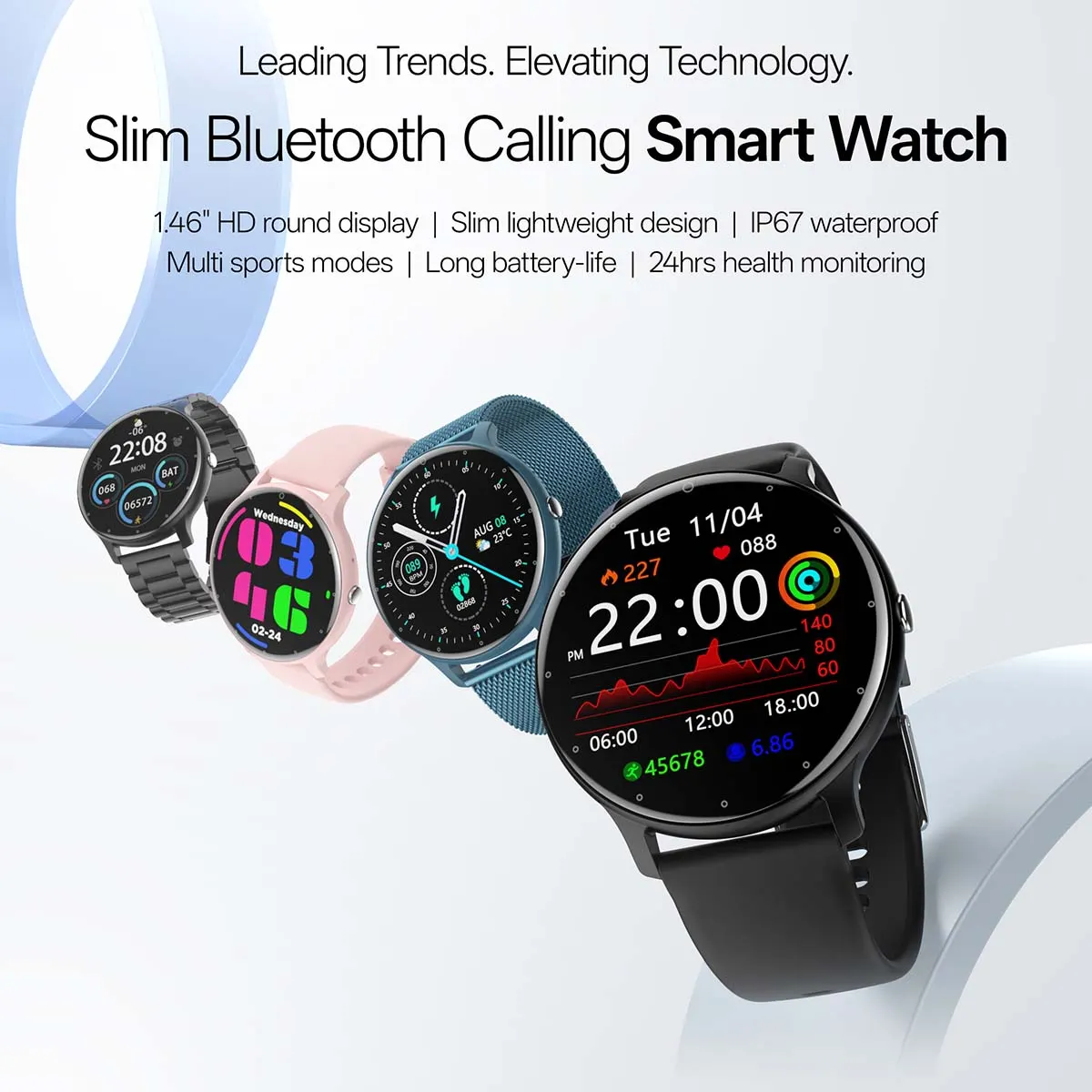 MYRYDER C14Pro smart watch overview banner: slim Bluetooth-calling smart watch with 1.46-inch HD round display, IP67 waterproof and 24hrs health monitoring