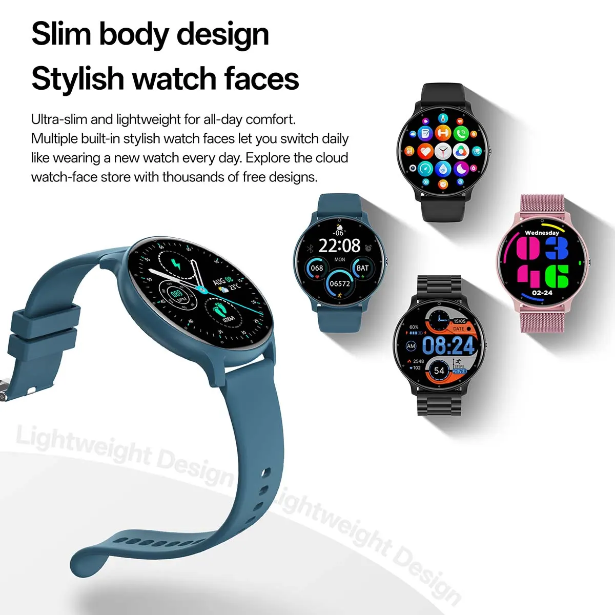 MYRYDER C14Pro infographic for slim body design and stylish watch faces with a cloud watch-face store