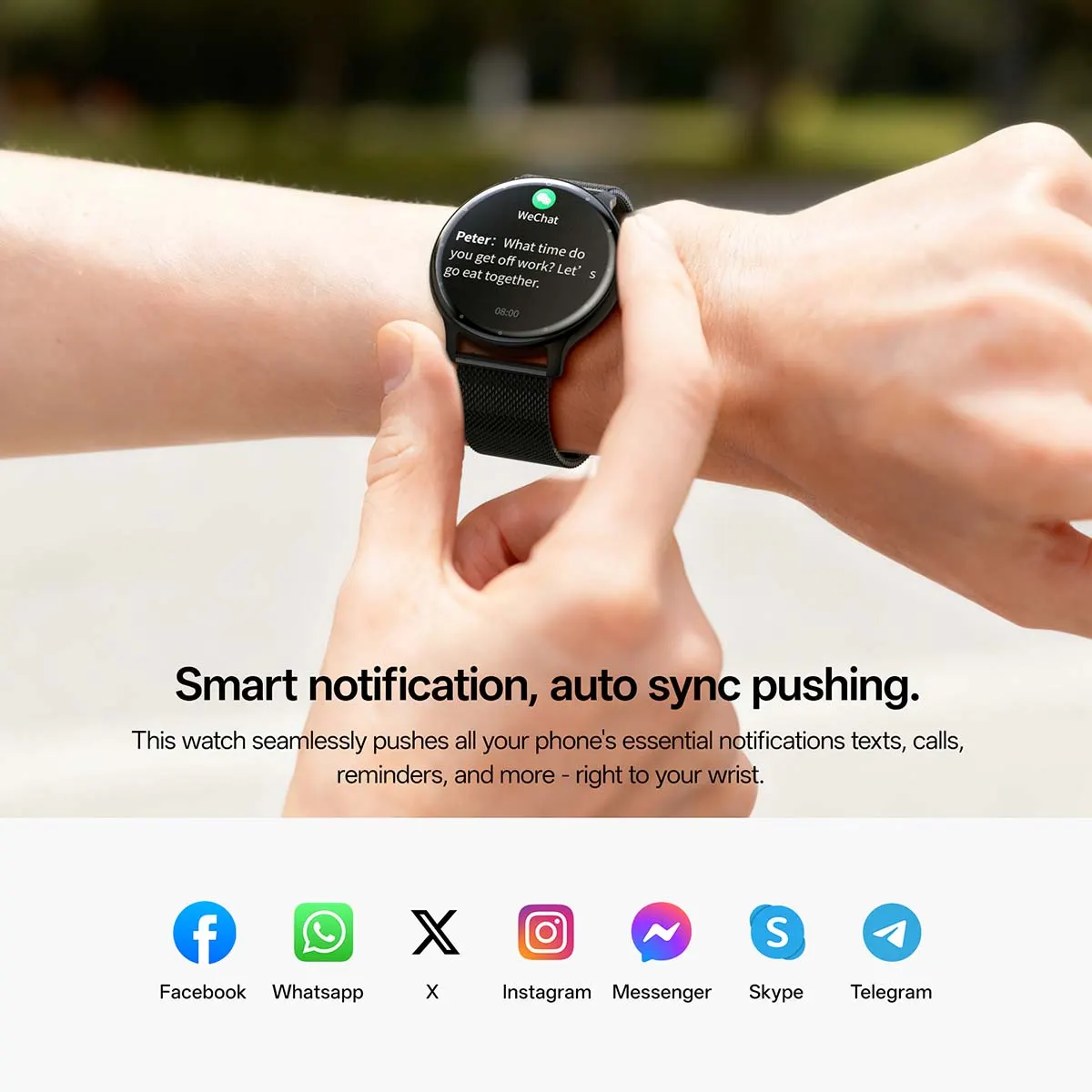 MYRYDER C14Pro infographic for smart notification auto sync pushing from Facebook, WhatsApp, X, Instagram, Messenger, Skype and Telegram
