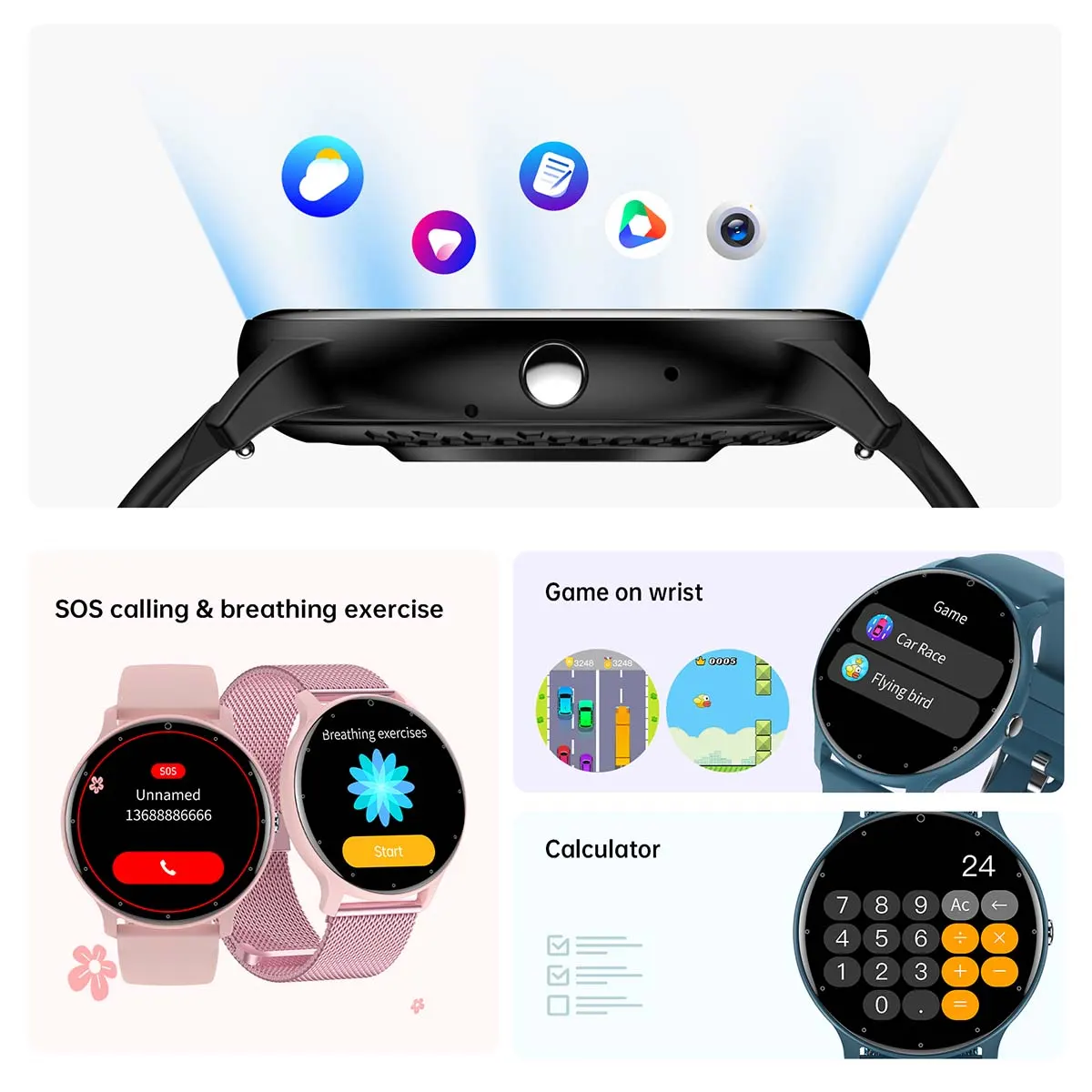 MYRYDER C14Pro infographic for SOS calling, breathing exercise, built-in wrist games and a calculator