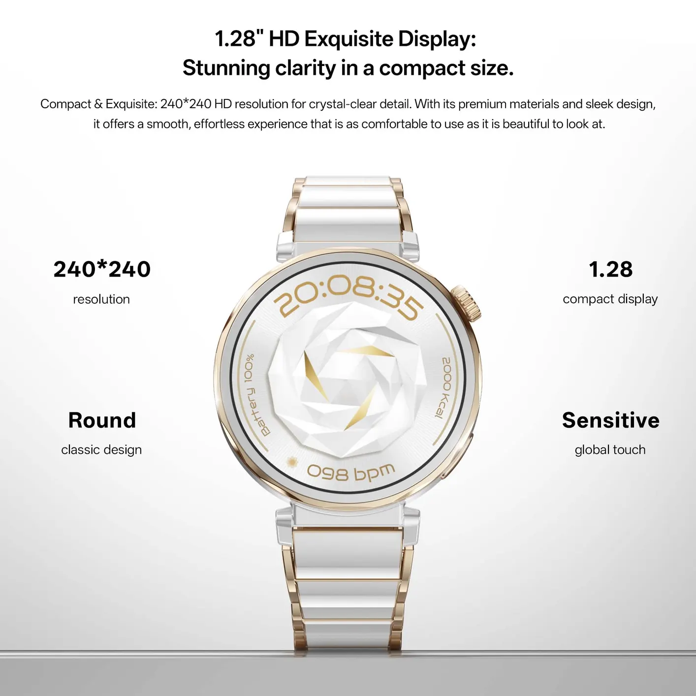 MYRYDER C15Mini infographic for the 1.28-inch HD exquisite display: 240x240 resolution, round classic design and sensitive global touch