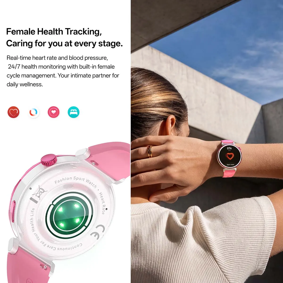 MYRYDER C15Mini infographic for female health tracking: real-time heart rate and blood pressure, 24/7 monitoring with built-in female cycle management