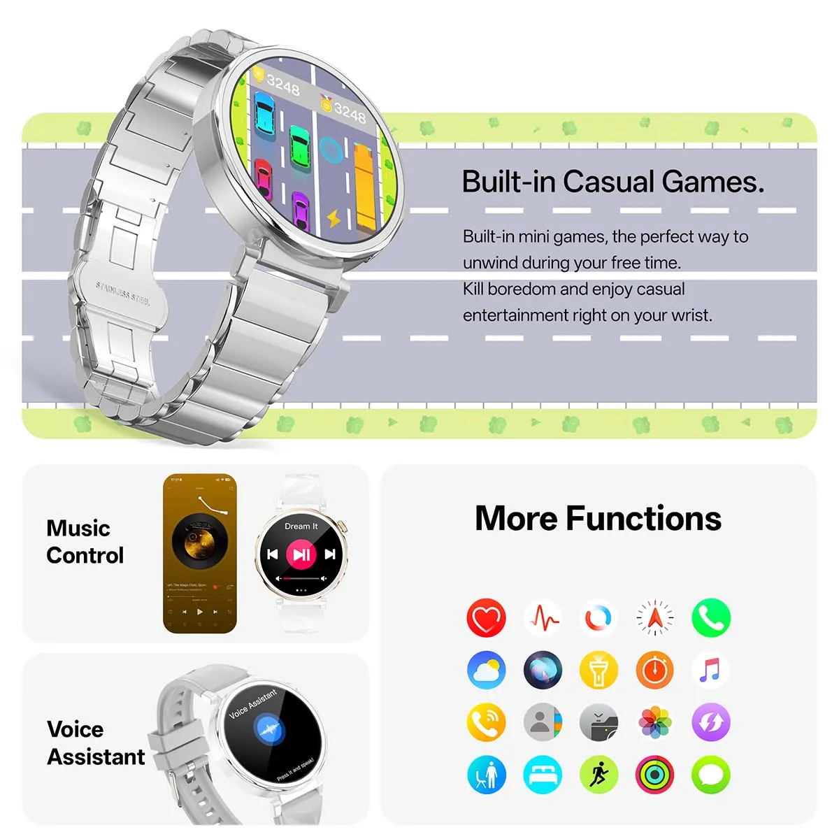 MYRYDER C15Mini infographic for built-in casual games, music control, voice assistant and more functions