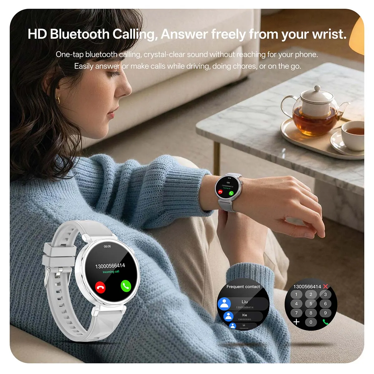 MYRYDER C15Mini infographic for HD Bluetooth calling: one-tap answering with frequent contacts and dialpad on the watch