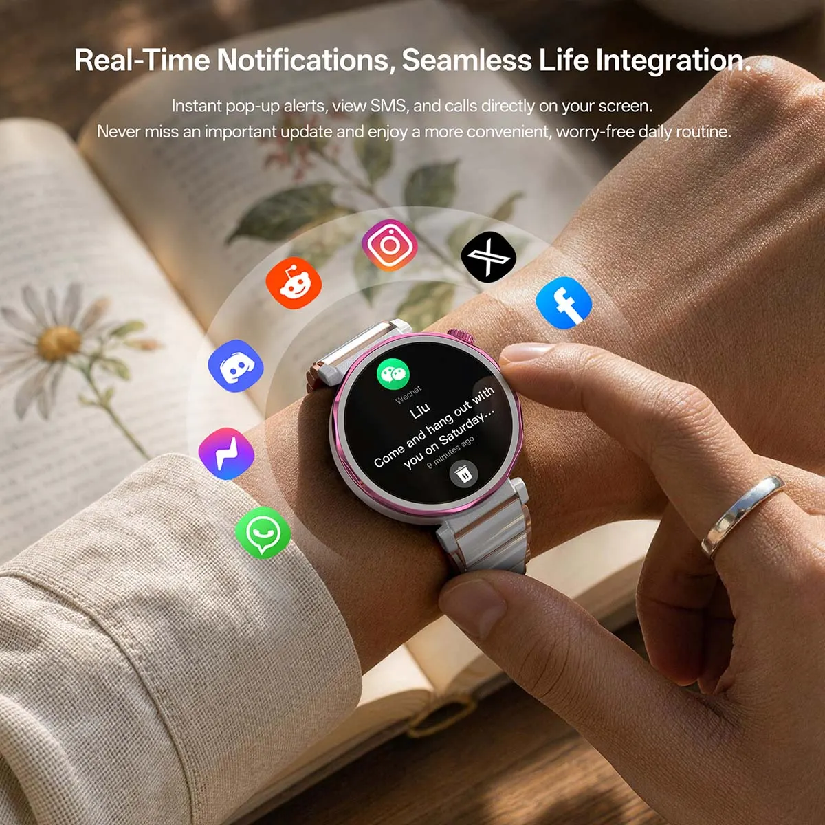 MYRYDER C15Mini infographic for real-time notifications from apps including WhatsApp, Instagram, X, Facebook, Discord, Messenger and Reddit