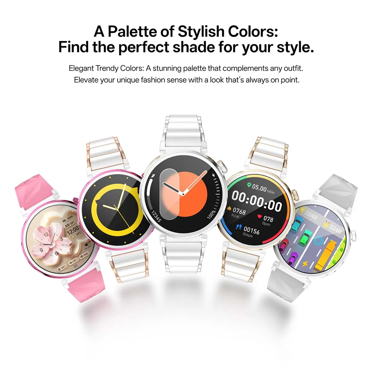 MYRYDER C15Mini colour palette display: six colour and strap combinations in white, pink and silver