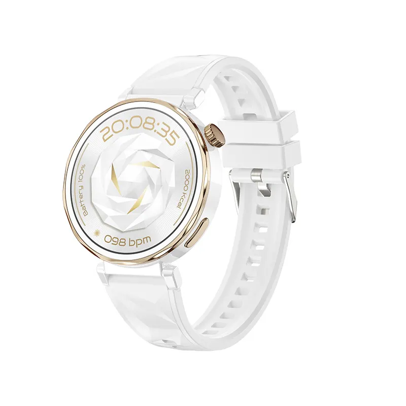 MYRYDER C15Mini smart watch white 45-degree right side view, compact round Bluetooth-calling watch with white silicone strap