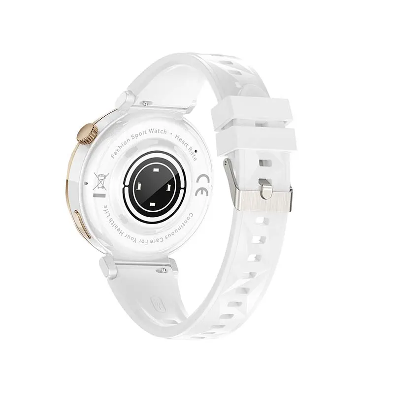 MYRYDER C15Mini smart watch white back view, rear heart-rate sensor and charging contacts