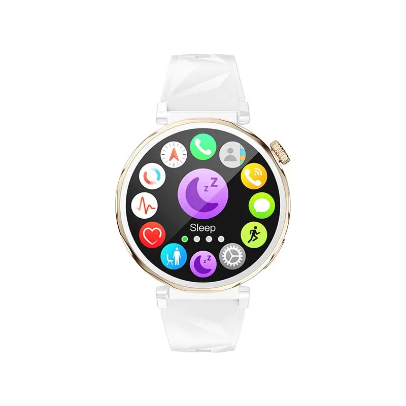MYRYDER C15Mini smart watch white front view, 1.28-inch HD round display with app menu