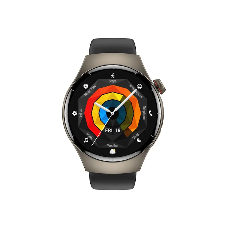 MYRYDER C17Pro smart watch front view with rainbow hexagon shortcut-menu dial