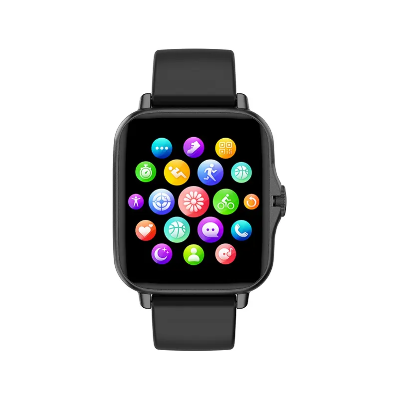 MYRYDER C26 smart watch, black alloy case with silicone strap — front view of the app menu