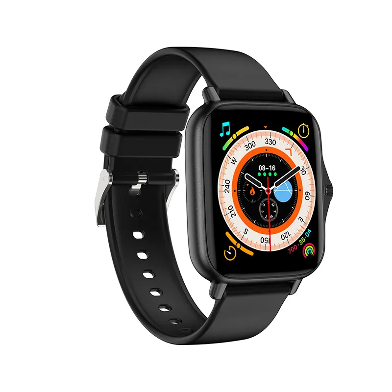 MYRYDER C26 smart watch, black alloy case with silicone strap — rear three-quarter view showing the red-ringed rotary crown