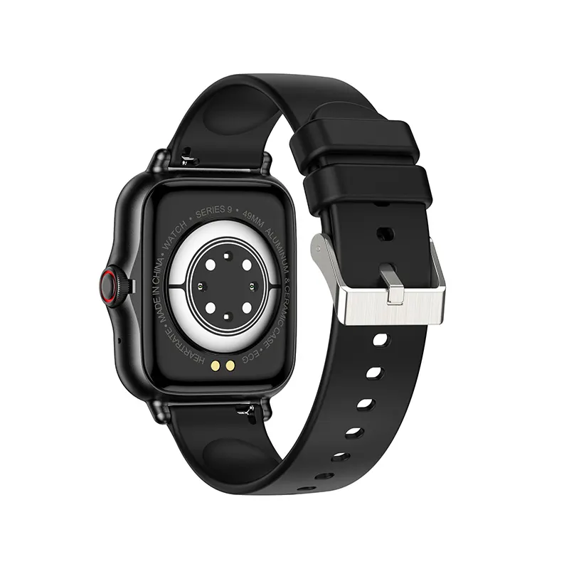 MYRYDER C26 smart watch, black alloy case with silicone strap — rear view showing the sensor array and pin buckle