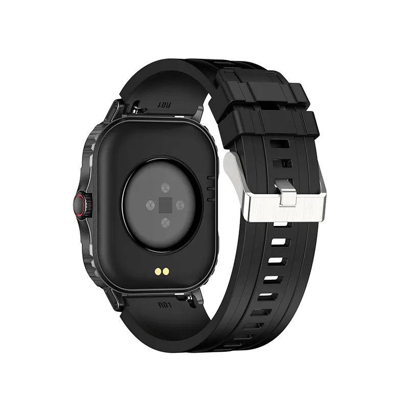 MYRYDER C29Pro smart watch, black zinc alloy case with silicone strap — rear view showing the heart-rate sensor and pin buckle