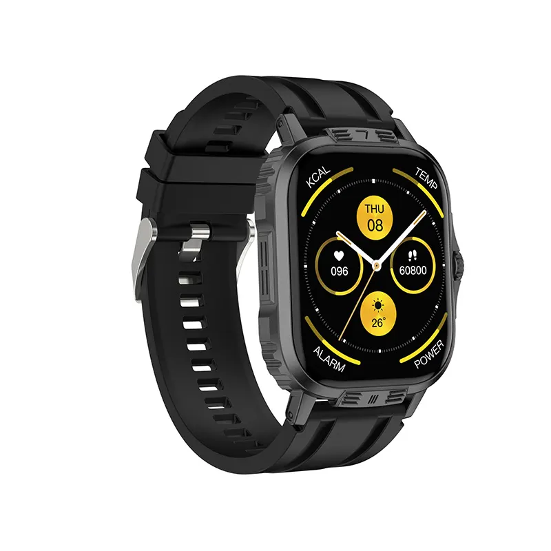 MYRYDER C29Pro smart watch, black zinc alloy case with silicone strap — three-quarter view with the yellow dashboard watch face