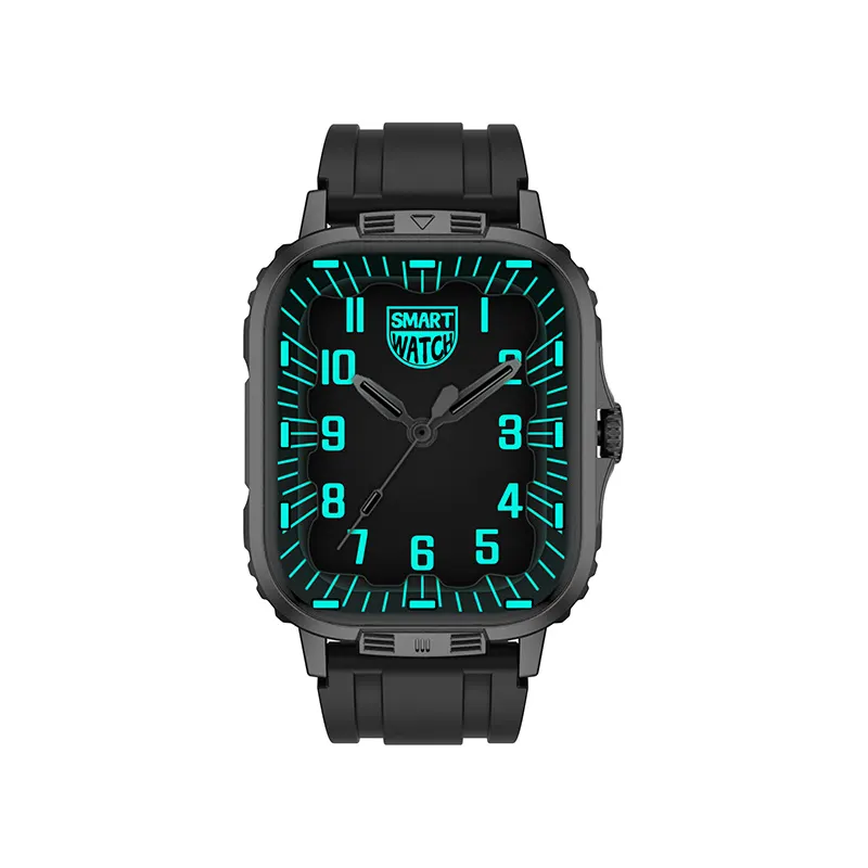 MYRYDER C29Pro smart watch, black zinc alloy case with silicone strap — front view with the neon analog watch face