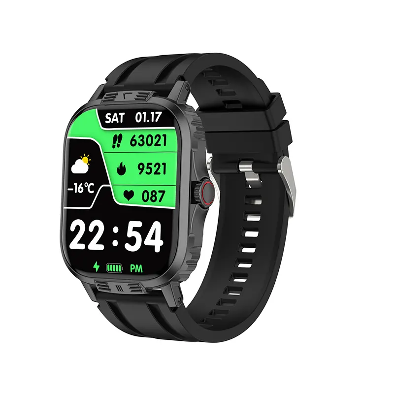 MYRYDER C29Pro smart watch, black zinc alloy case with silicone strap — three-quarter view with the green dashboard watch face