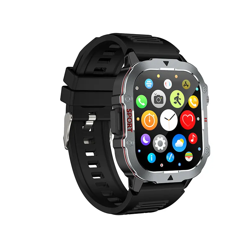 MYRYDER C30Pro smart watch, black case with black silicone strap — angled view of the round-icon app menu
