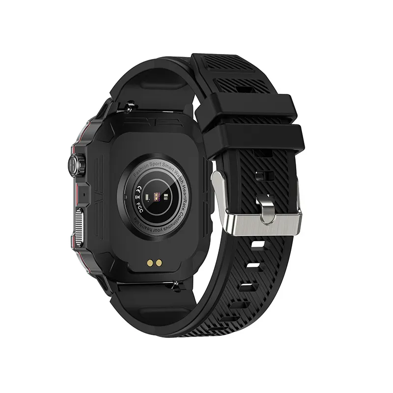MYRYDER C30Pro smart watch, black case with black silicone strap — rear view showing the optical heart-rate sensor and pin buckle