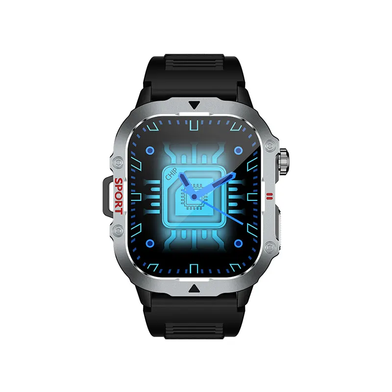 MYRYDER C30Pro smart watch, black case with black silicone strap — front view with the blue chip-circuit watch face