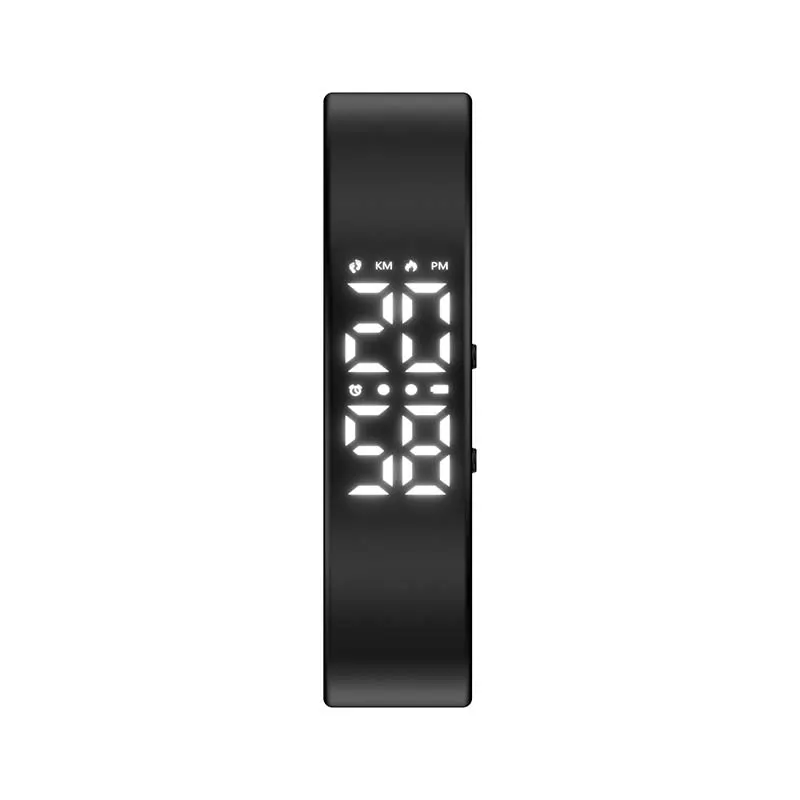 MYRYDER C3Plus black fitness band front view, vertical LED display with dual side buttons and slim adjustable silicone strap