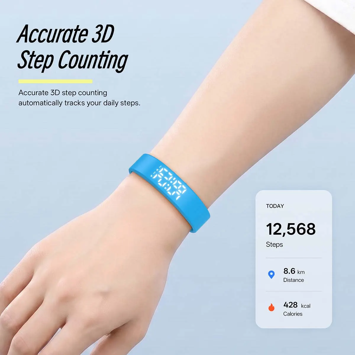MYRYDER C3Plus accurate 3D step counting, automatically tracking 12,568 daily steps with 8.6 km distance and 428 kcal burned
