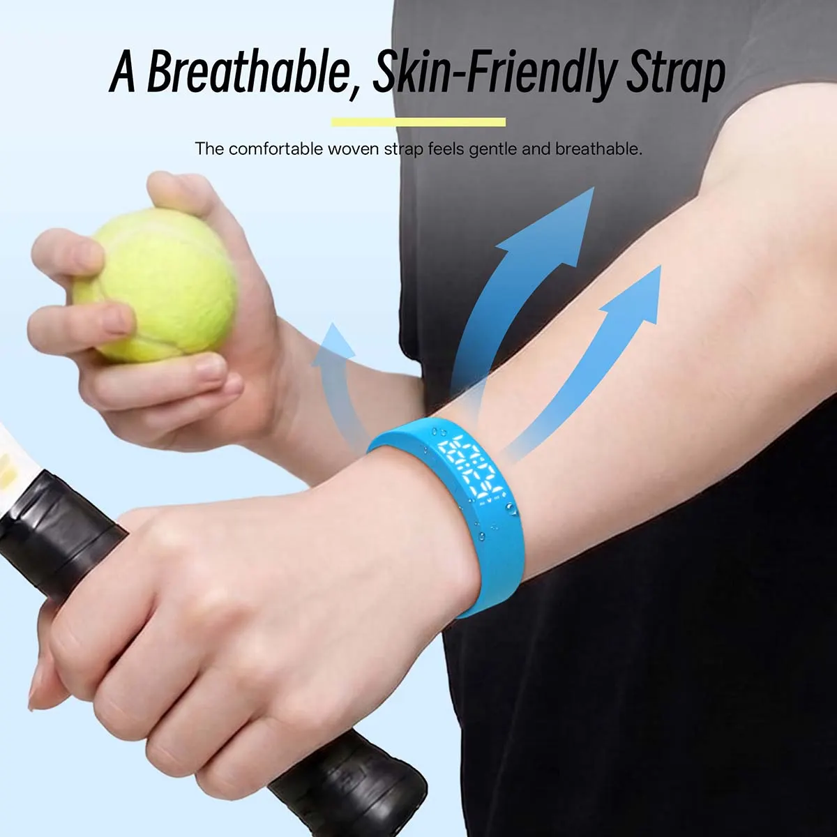 MYRYDER C3Plus breathable skin-friendly strap, comfortable woven silicone band on a blue fitness band worn during sport
