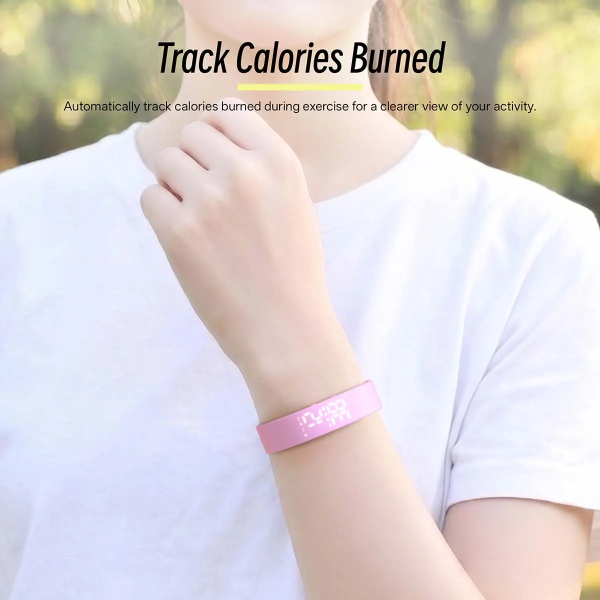 MYRYDER C3Plus track calories burned, automatic calorie tracking during exercise with a pink band worn on the wrist