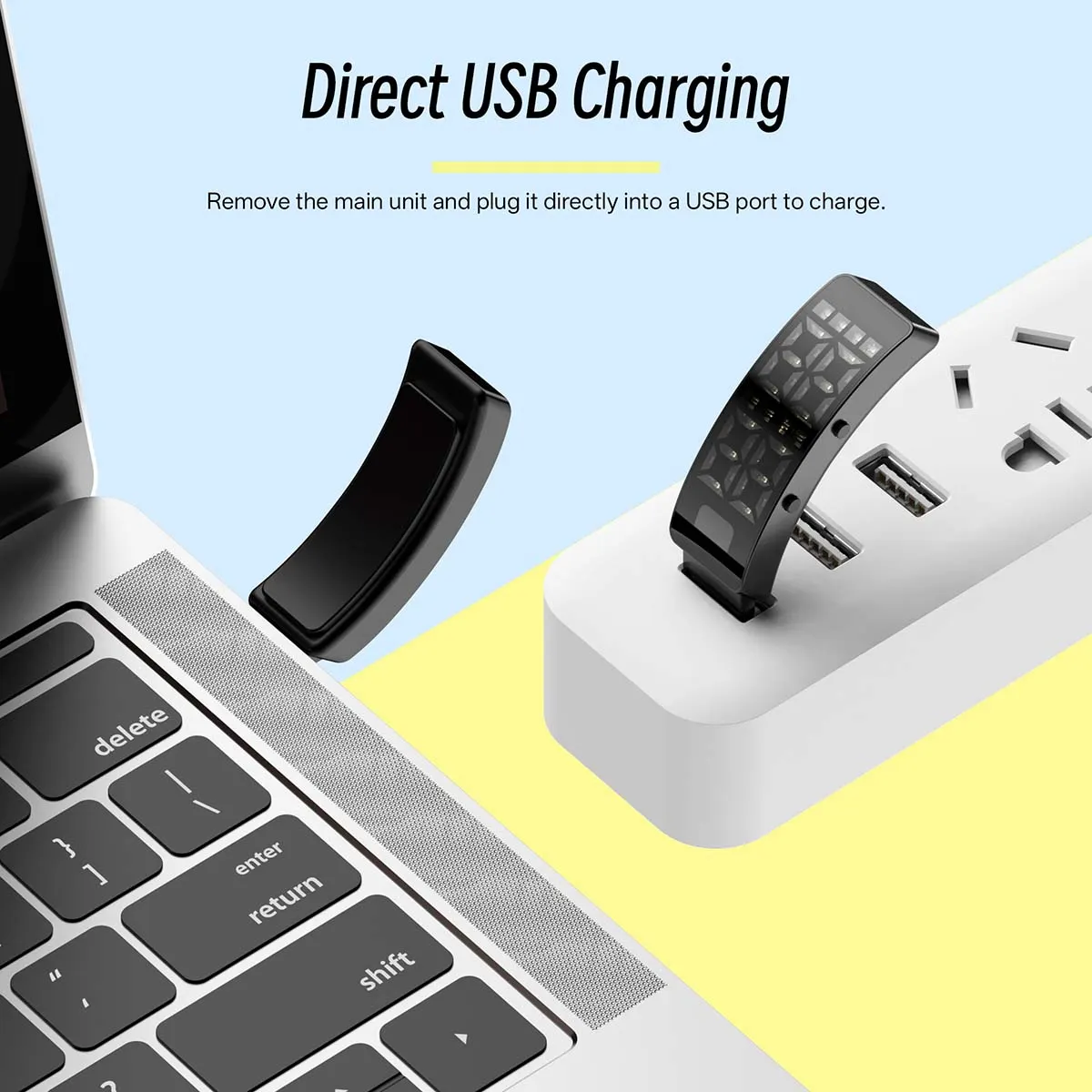MYRYDER C3Plus direct USB charging, the removable main unit plugs straight into a USB-A port on a laptop or wall charger